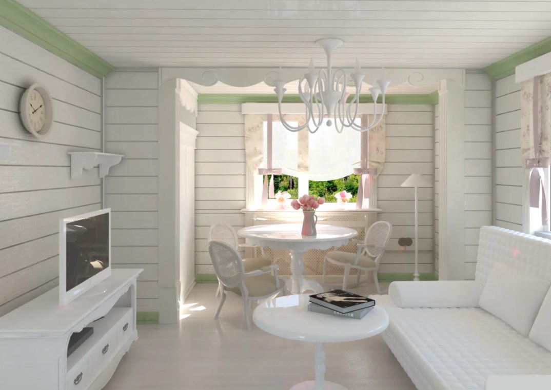 белая мебель в интерьере деревянного дома